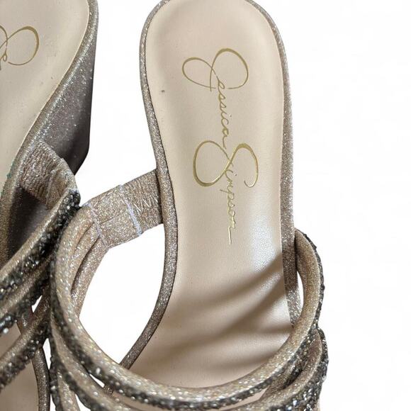 JESSICA SIMPSON GOLD GLITTER EMBELLISHED STRAPPY WEDGE SANDALS 8.5 LIKE NEW. - Picture 5 of 8